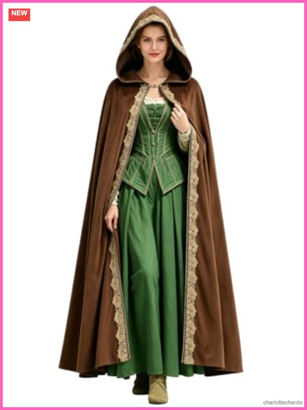 Medieval Hooded Cloak Lace Trim Renaissance Halloween Costume Cape